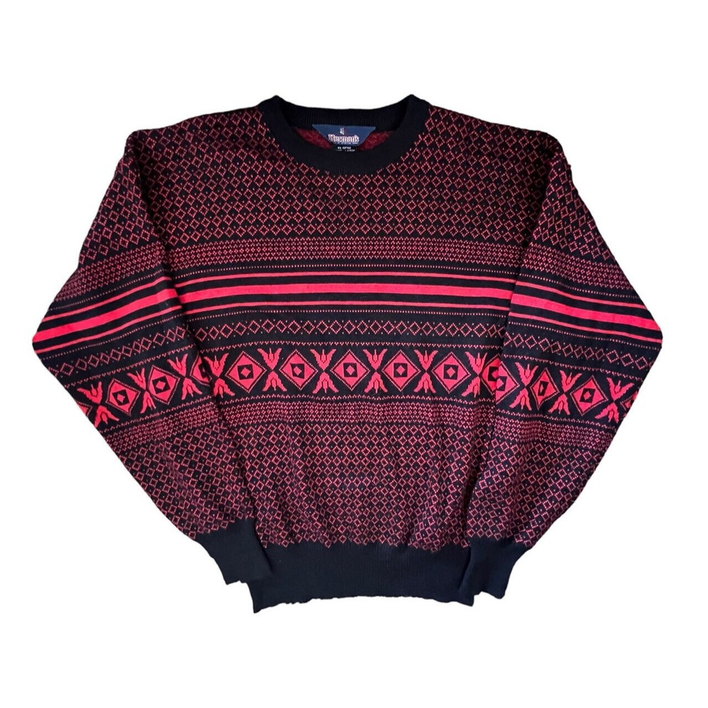 VTG 80s HERMAN'S Red Black Geometric Sweater Wool Blend Size Large